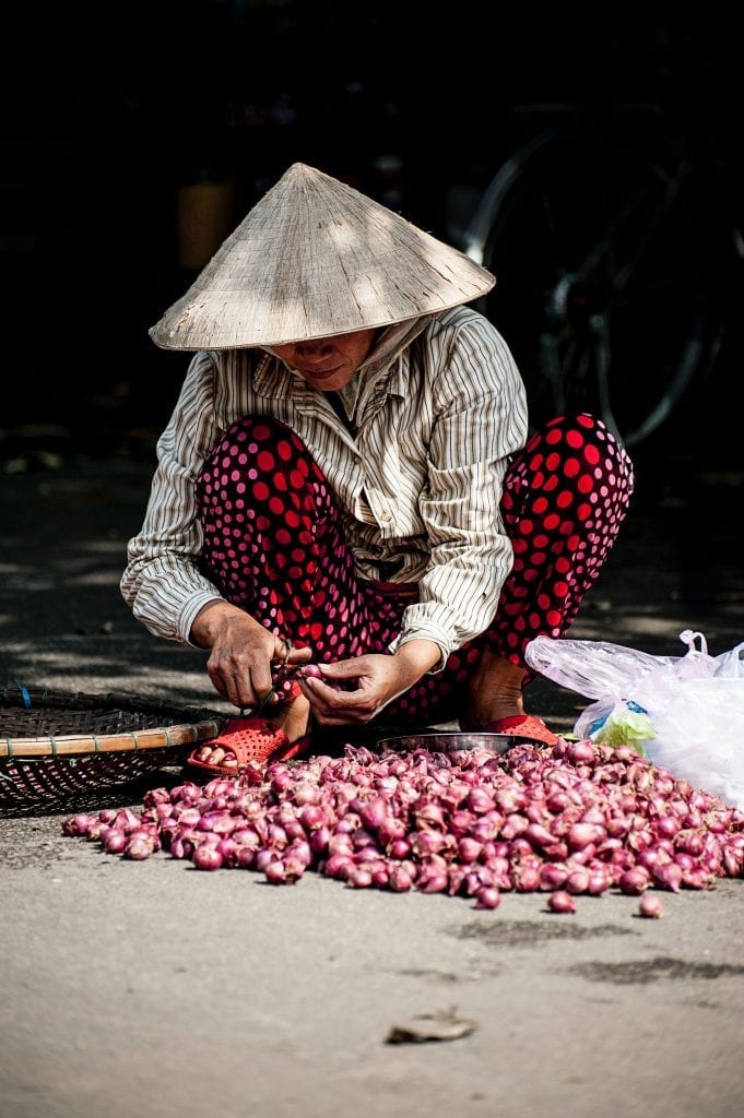 person slicing onions vietnamese food